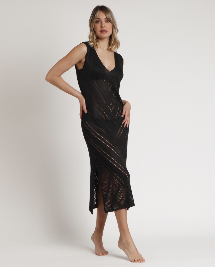 Vestido Sin Mangas Calado Combinado para Mujer NEGRO