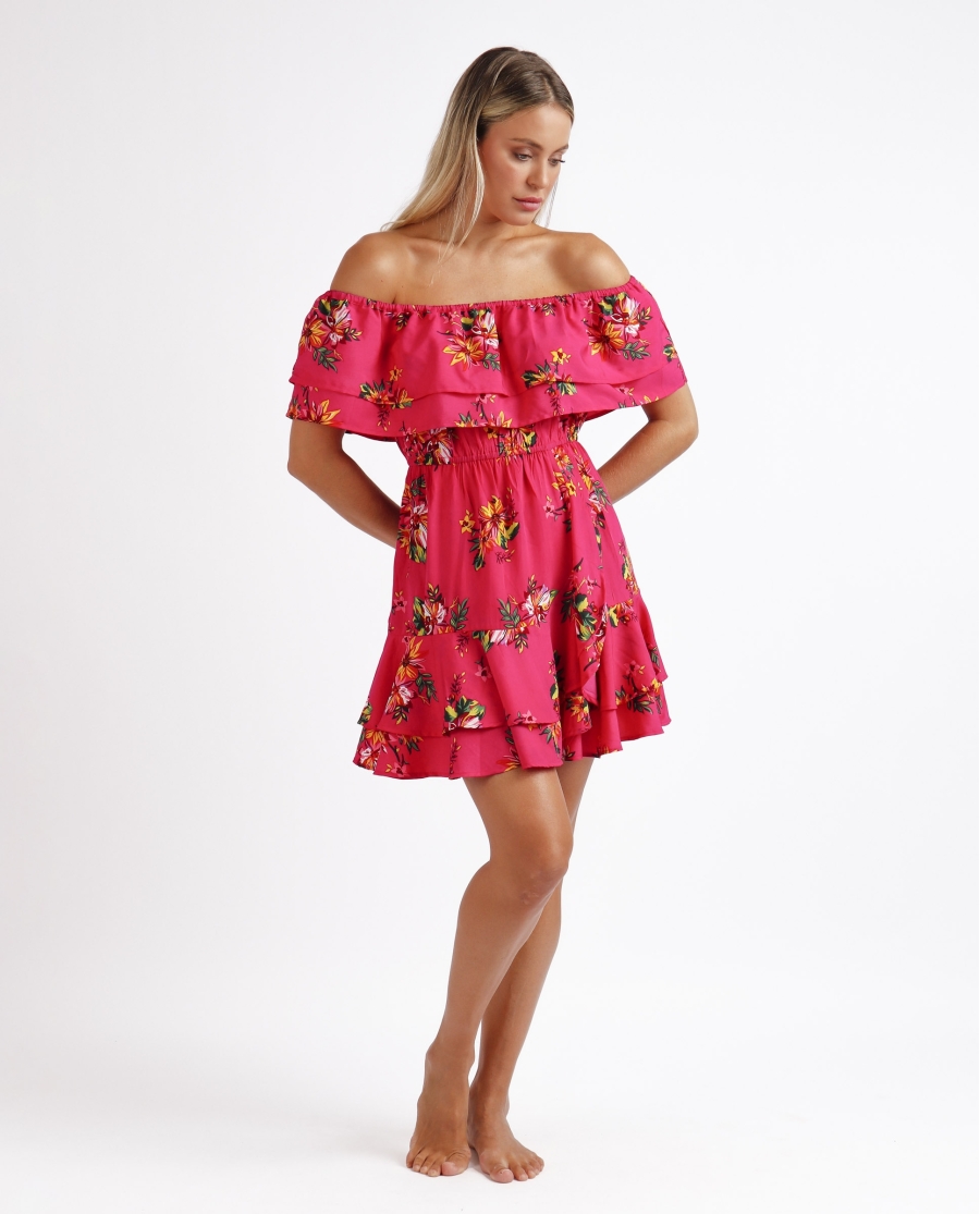 ADMAS Vestido Volantes Palabra de Honor Spring Festival para Mujer FUCSIA