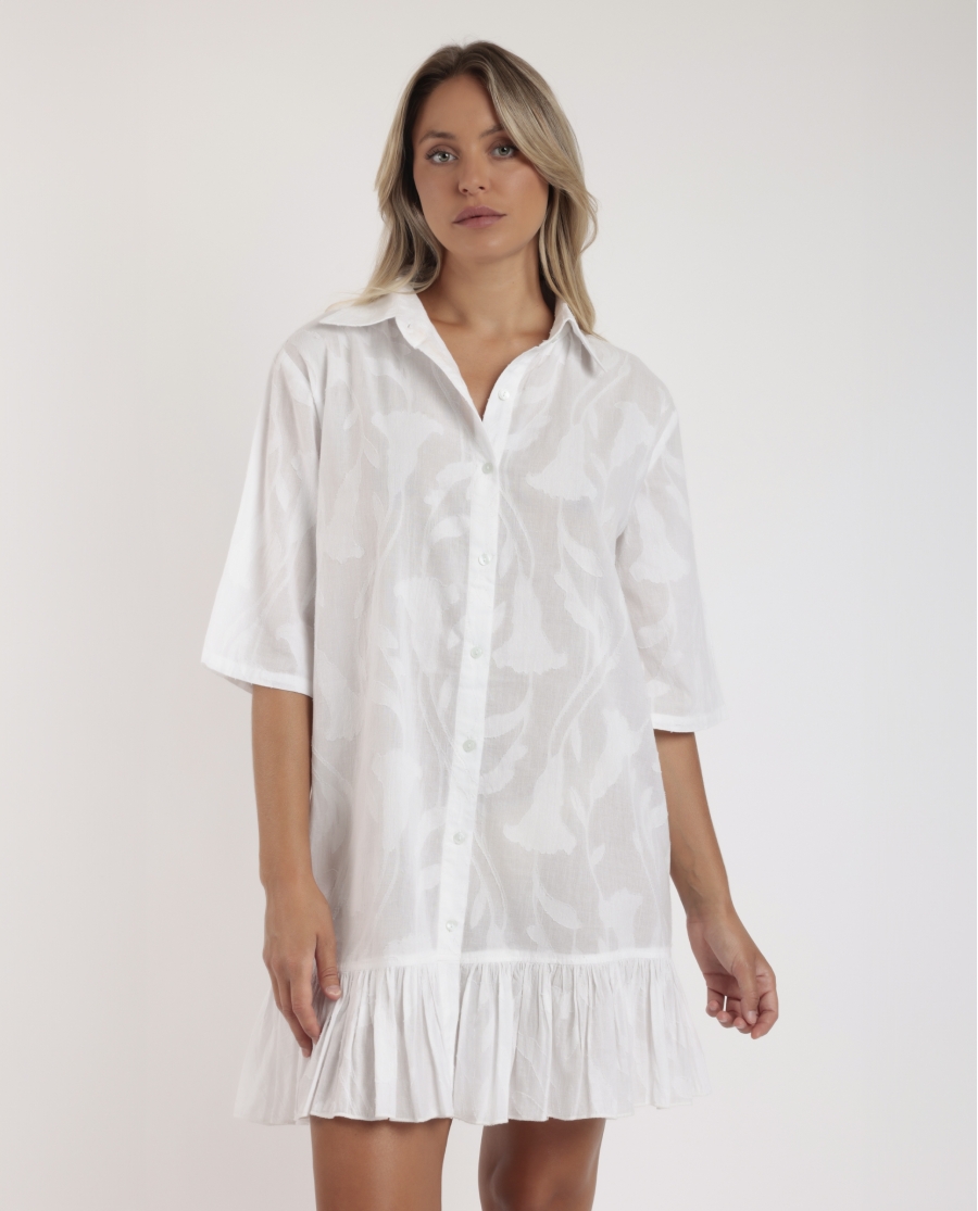 ADMAS Vestido Manga Francesa Texture Flowers para Mujer BLANCO
