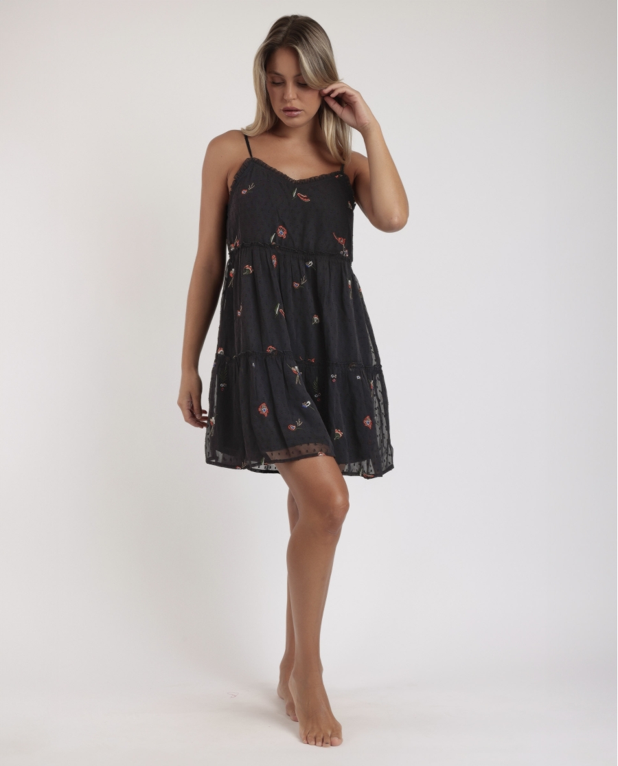 ADMAS Vestido Tirantes Orientel Flowers Frunces para Mujer NEGRO
