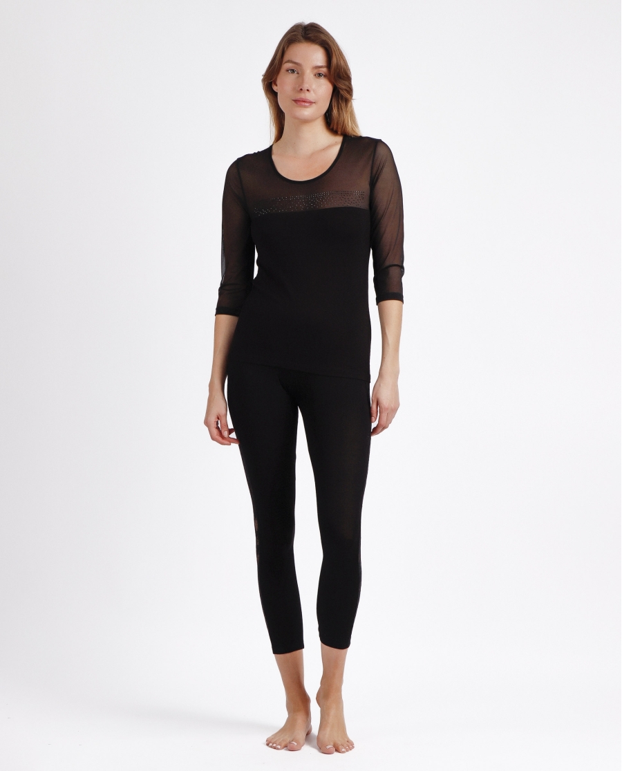 ADMAS Camiseta Manga Francesa Tul y Piedras para Mujer NEGRO