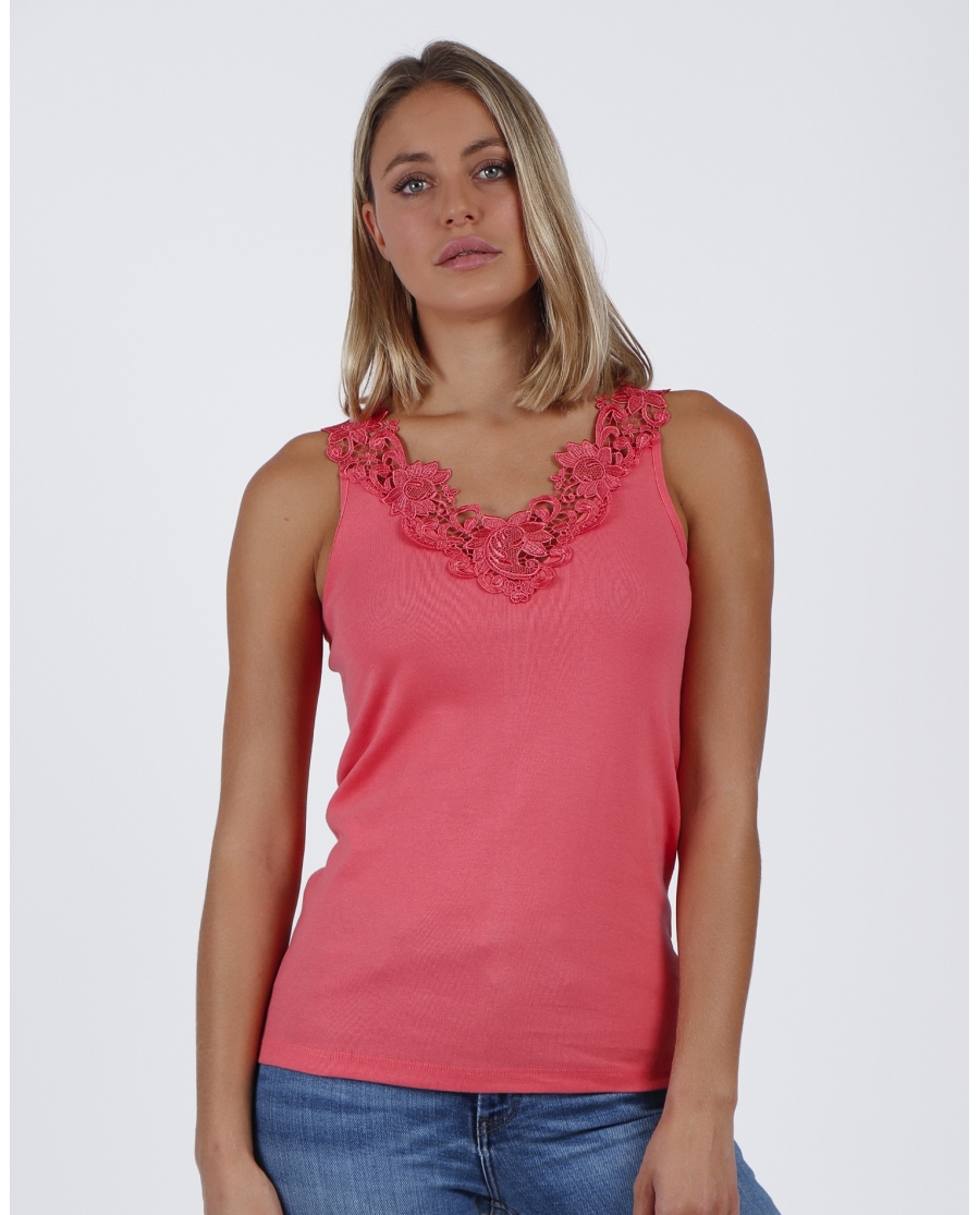 ADMAS Camiseta Sin Mangas Escote Guipur para Mujer CORAL