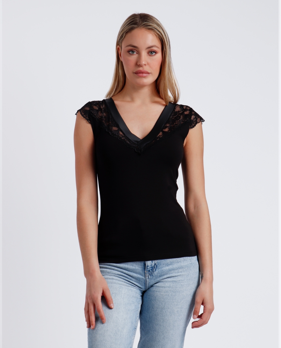 ADMAS Camiseta Manga Corta Puntilla Raso para Mujer NEGRO