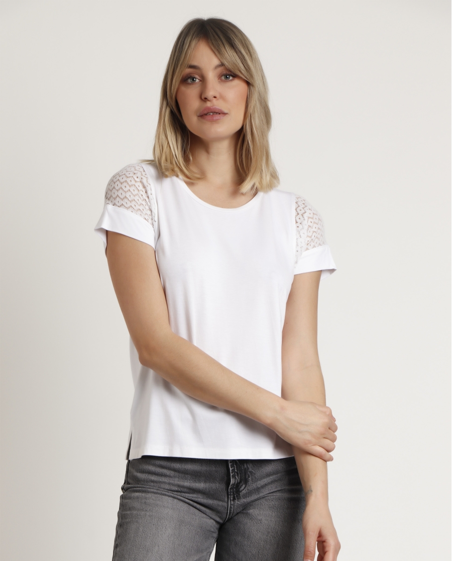 ADMAS Camiseta de Manga Corta Lace para Mujer BLANCO