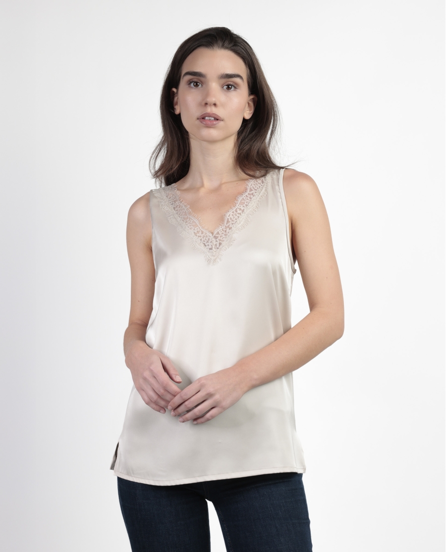 ADMAS Camiseta Sin Mangas Satin Lace para Mujer CAVA