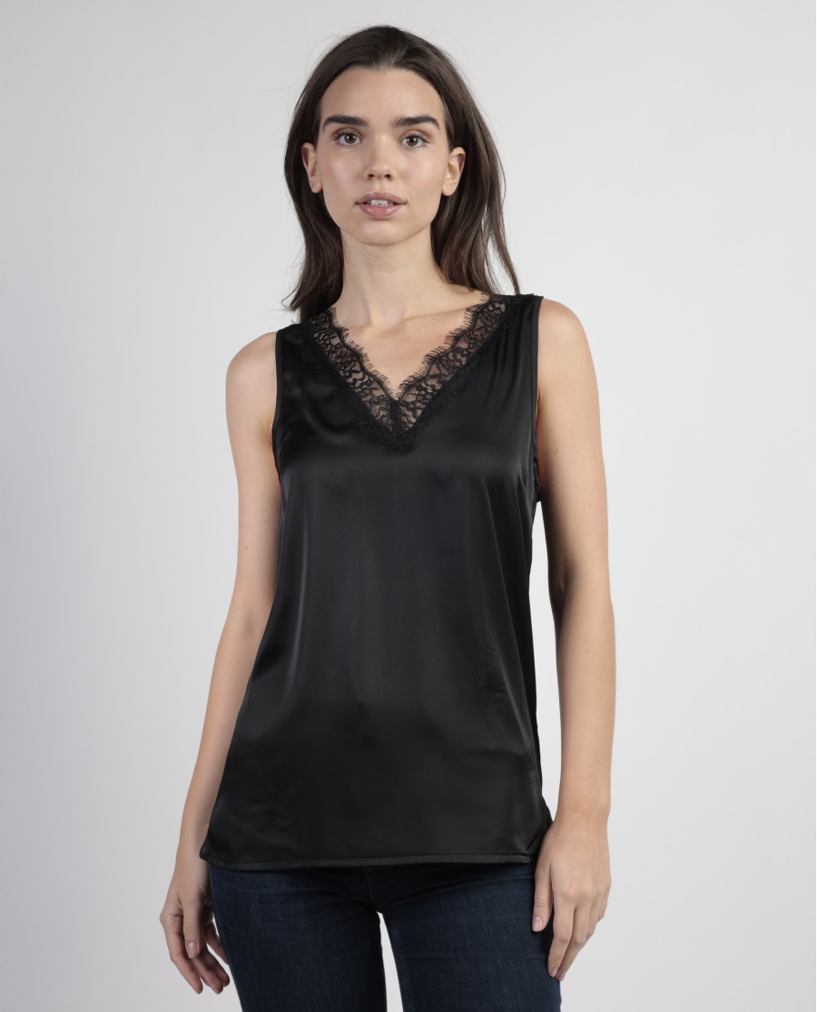 ADMAS Camiseta Sin Mangas Satin Lace para Mujer NEGRO