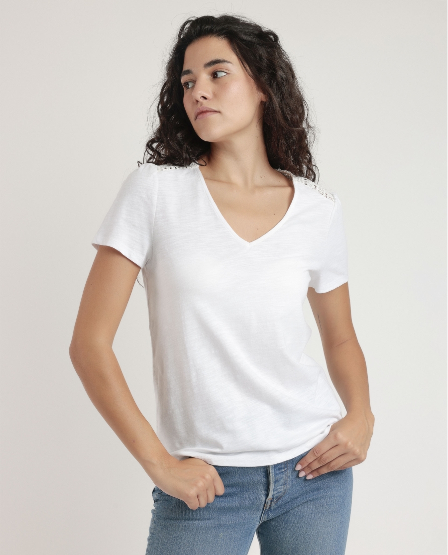 ADMAS Camiseta Manga Corta Slub Guipur para Mujer BLANCO
