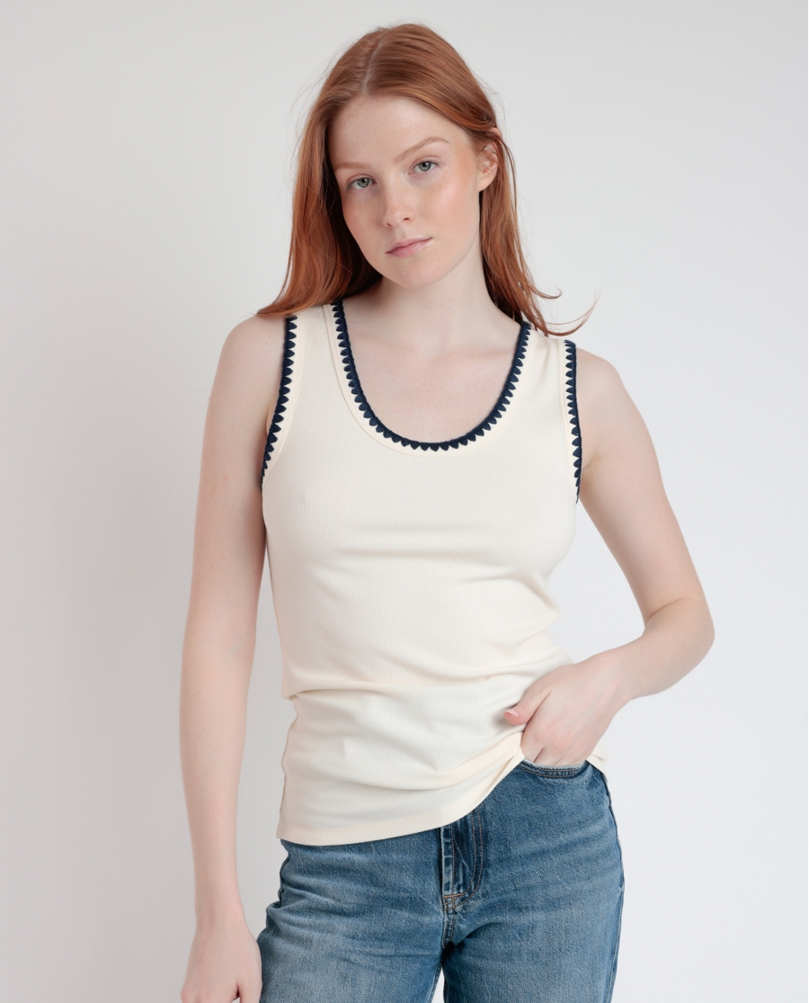 ADMAS Camiseta Sin Mangas Canalé Hilo Contraste para Mujer CAVA