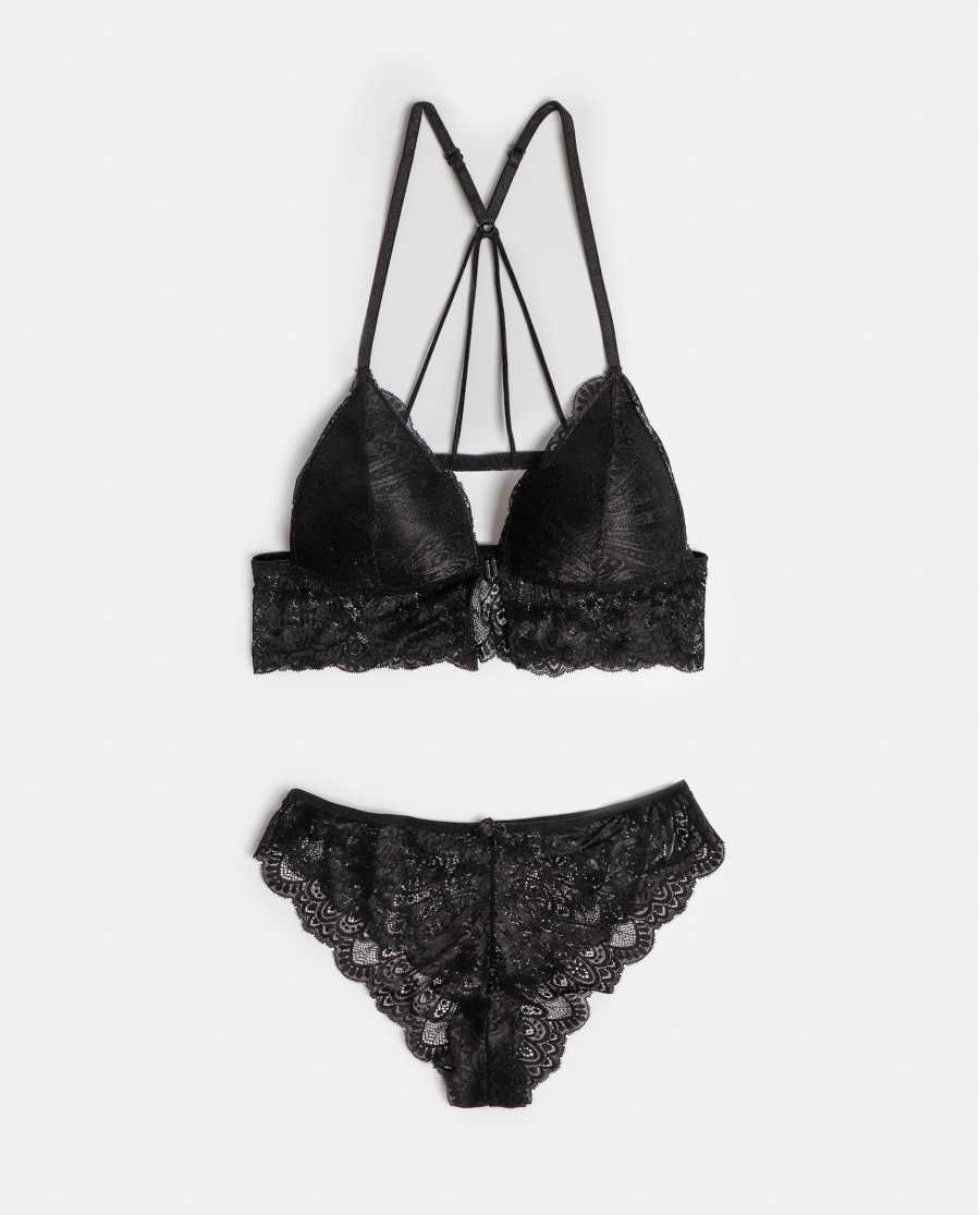 ADMAS Conjunto Top Triangulo y Braguita Puntilla para Mujer NEGRO