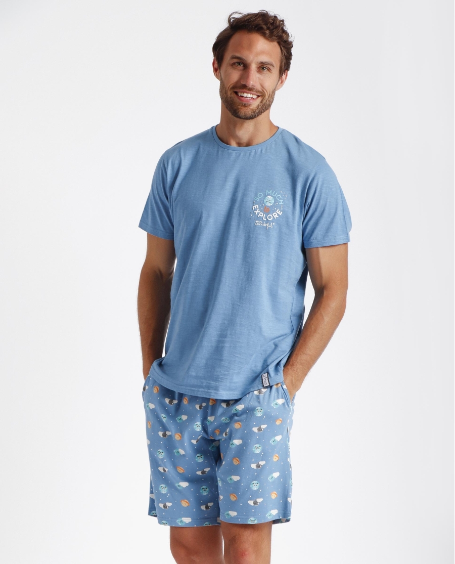 MR WONDERFUL Pijama Manga Corta Explore para Hombre AZUL