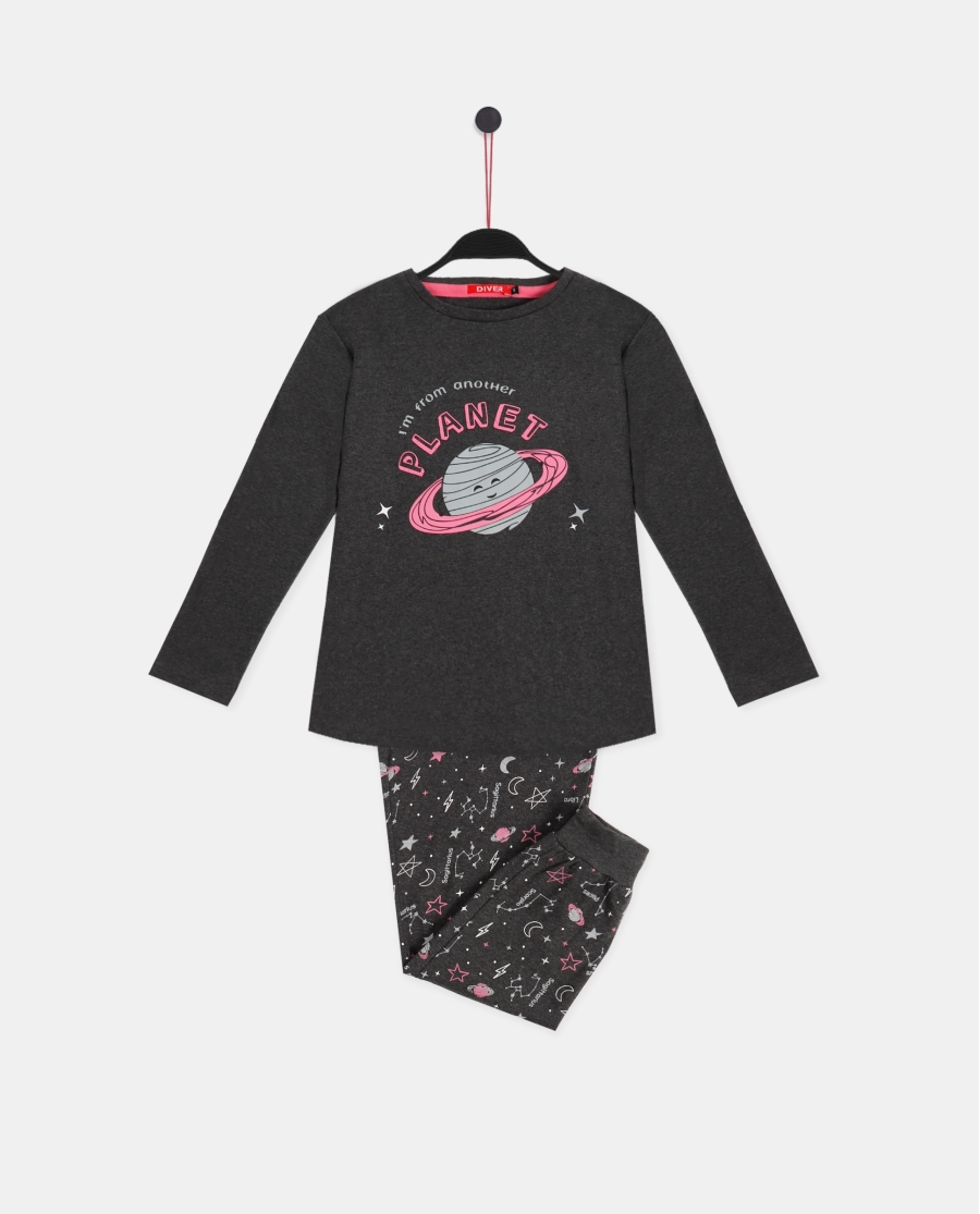 DIVER Pijama Manga Larga Planet para Niña GRIS JASPE