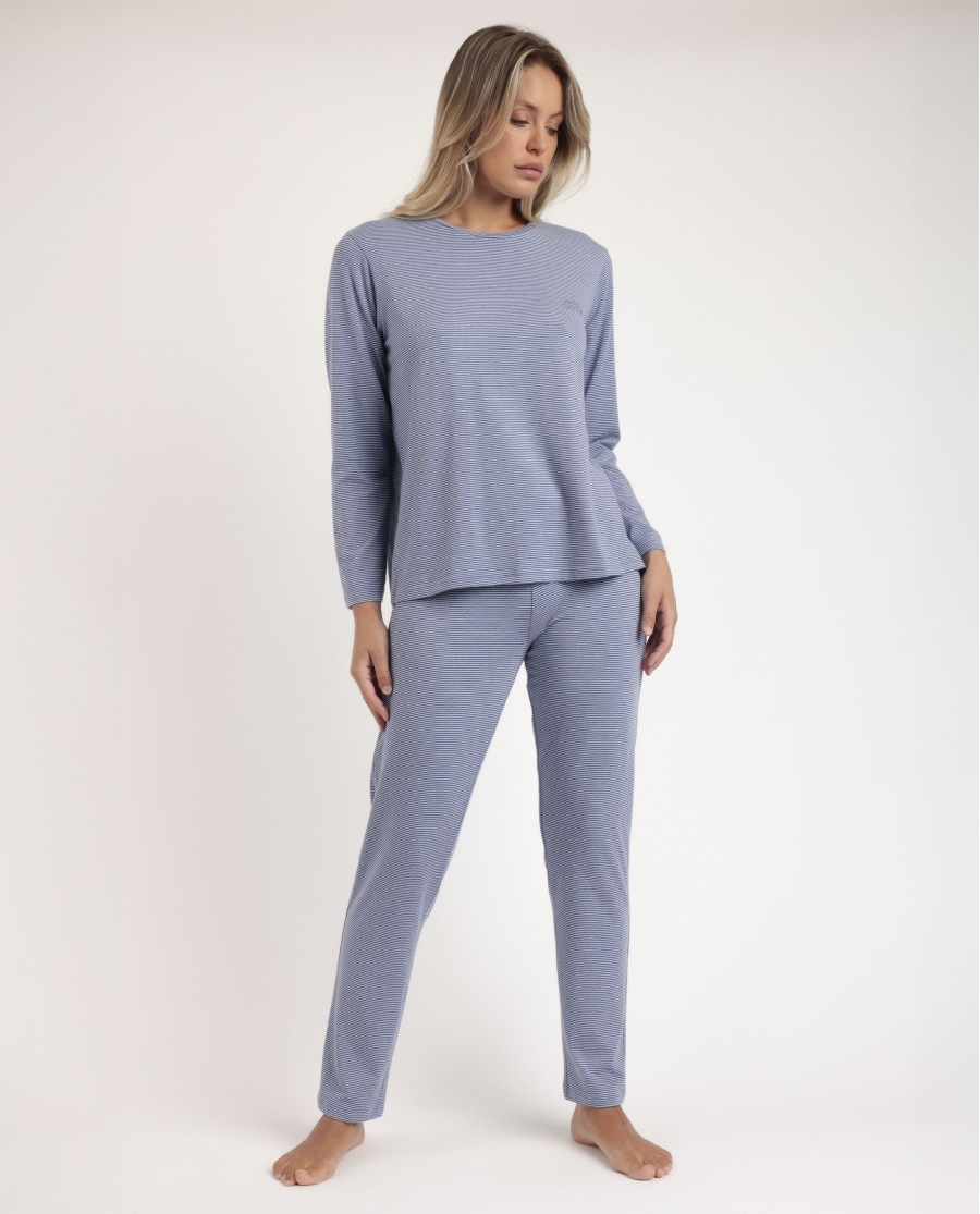 STAY AT HOME Pijama Manga Larga Soft Stripes para Mujer AZUL
