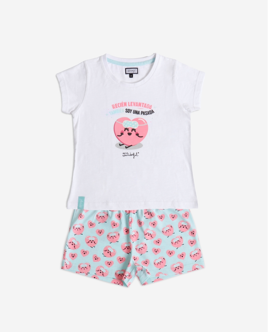 MR WONDERFUL Pijama Manga Corta Pasada para Niña BLANCO