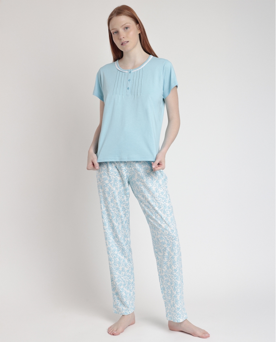 ADMAS CLASSIC Pijama Manga Corta Spring Leaves para Mujer AZUL