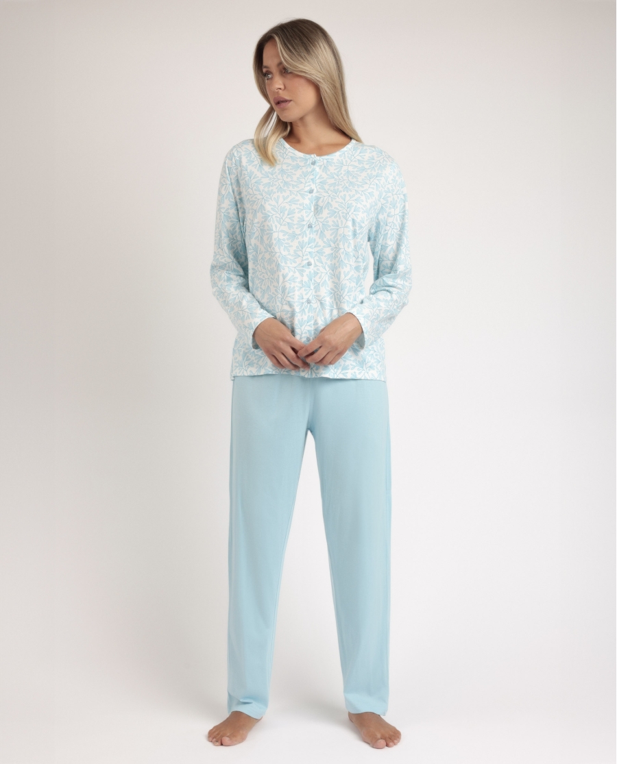 ADMAS CLASSIC Pijama Abierto Manga Larga Spring Leaves para Mujer AZUL