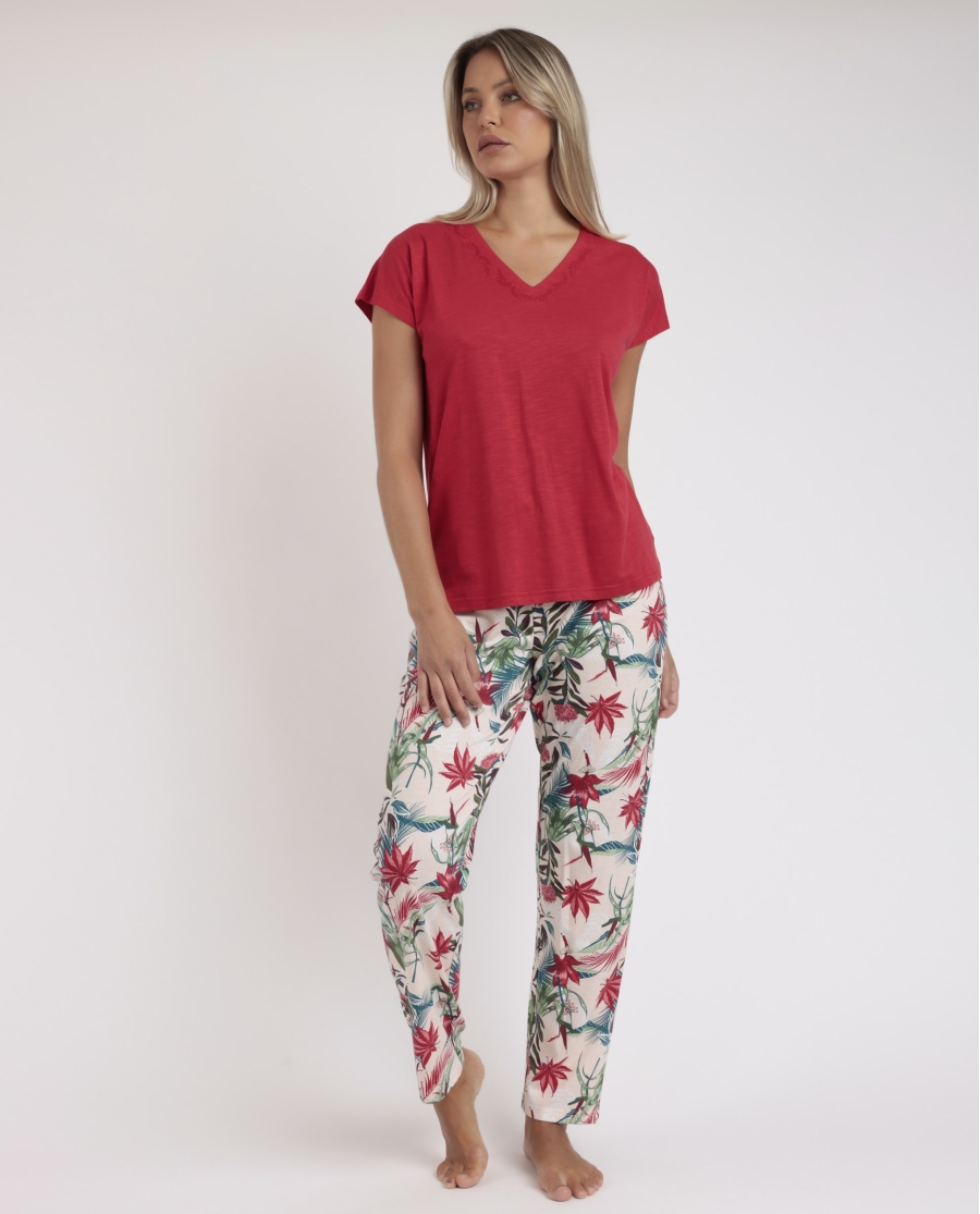 ADMAS GARDEN Pijama Manga Caída Tropical Spirit para Mujer ROJO