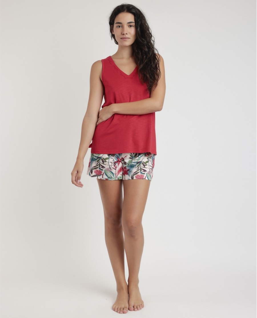 ADMAS GARDEN Pijama Sin Mangas Tropical Spirit para Mujer ROJO