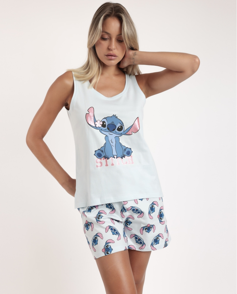 DISNEY Pijama Sin Mangas Stitches para Mujer AZUL