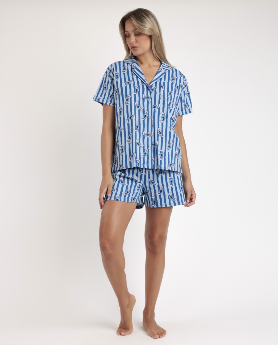 DISNEY Pijama Abierto Manga Corta Stitch Waves para Mujer AZUL