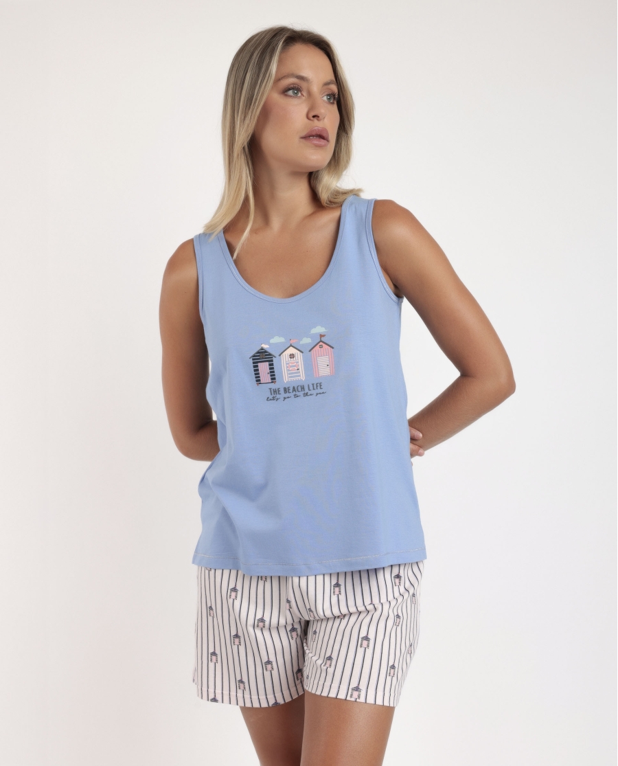 ADMAS Pijama Sin Mangas Beach Life para Mujer AZUL