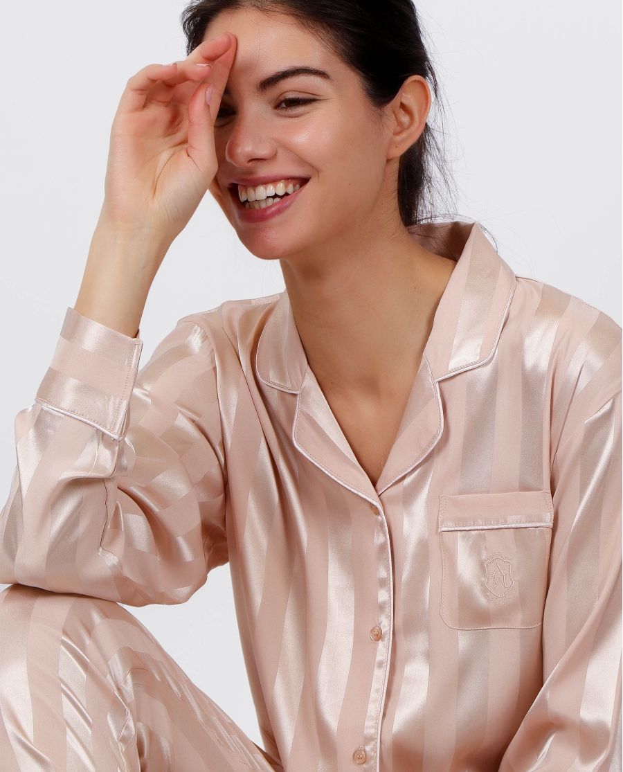 ADMAS CLASSIC Pijama Novia Abierto Manga Larga Satin Stripes para Mujer NUDE
