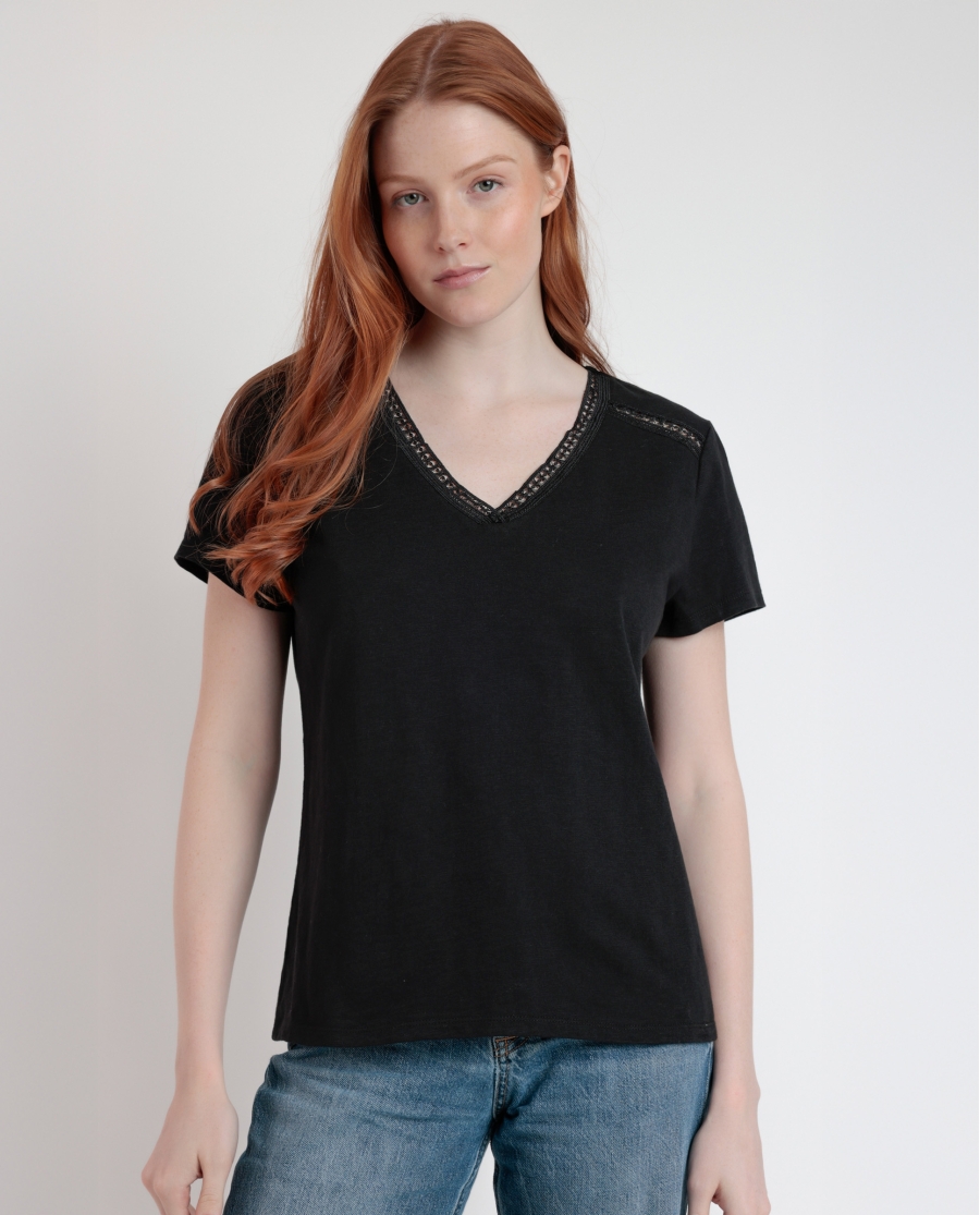 ADMAS Camiseta Manga Corta Slub Entredos para Mujer NEGRO