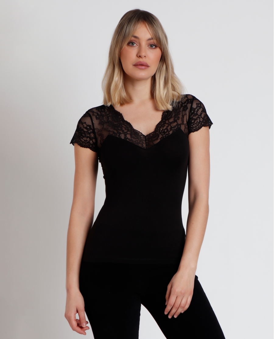 ADMAS Camiseta Manga Corta Puntilla Mangas para Mujer NEGRO