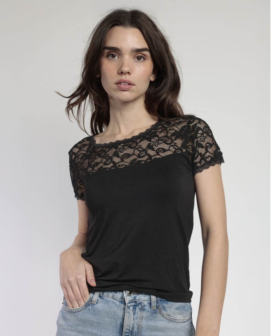 ADMAS Camiseta Manga Corta Lace Piece para Mujer NEGRO