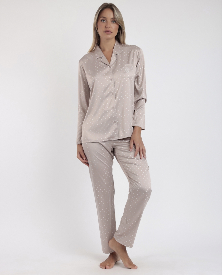 ADMAS CLASSIC Pijama Novia Abierto Manga Larga Dots Lace para Mujer PIEDRA