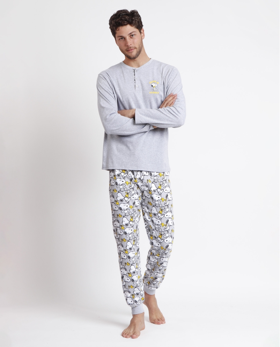 PEANUTS Pijama Manga Larga Snoopy Funny para Hombre GRIS JASPE