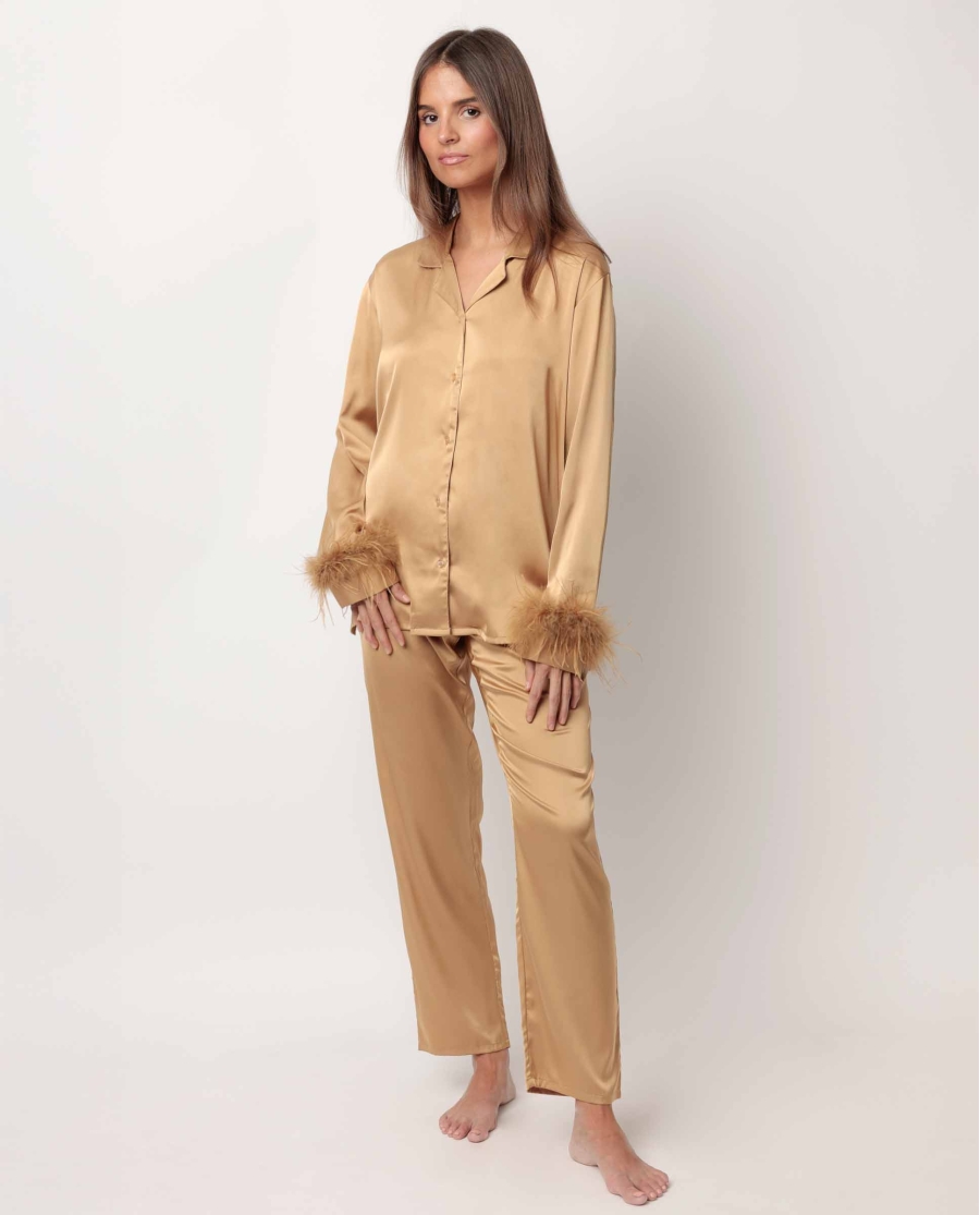ADMAS LUXURY Pijama Abierto Manga Larga Plumas Marabu Luxe para Mujer ORO