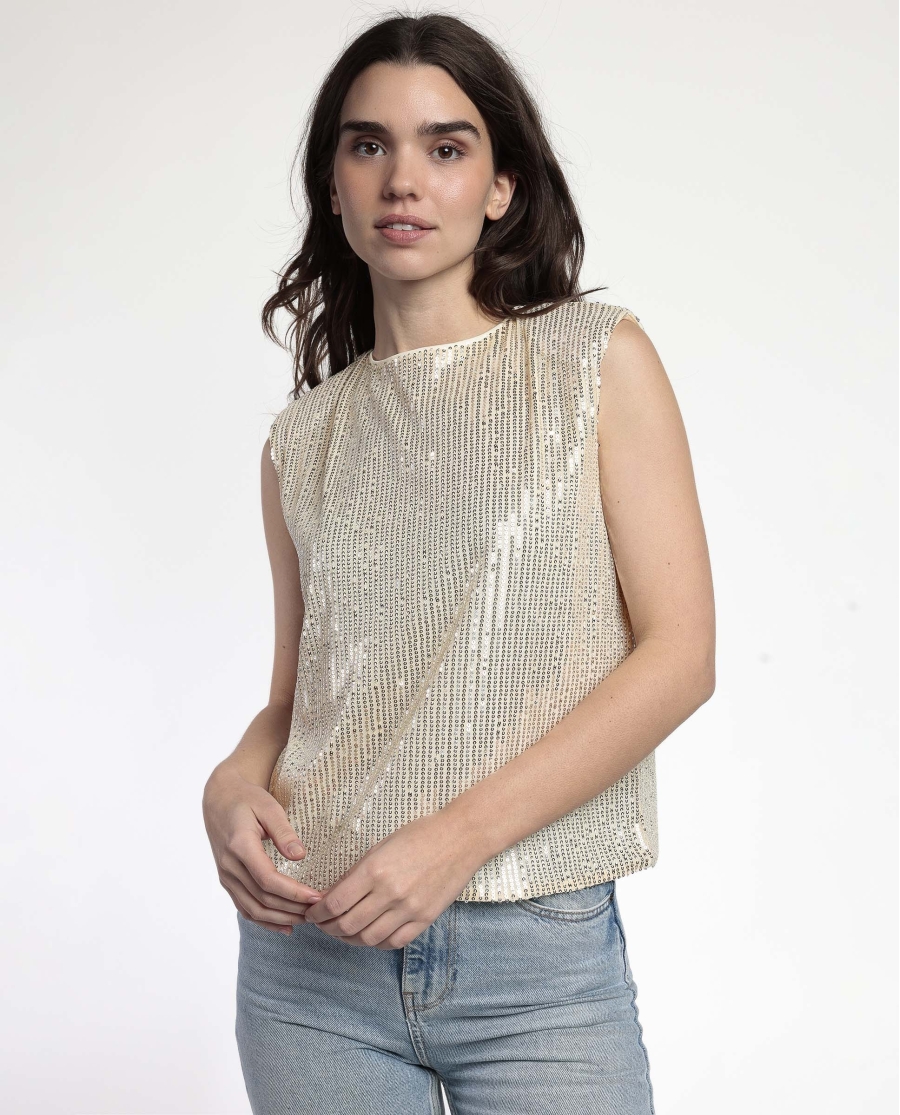 ADMAS Camiseta Hombreras Lentejuelas para Mujer CAVA