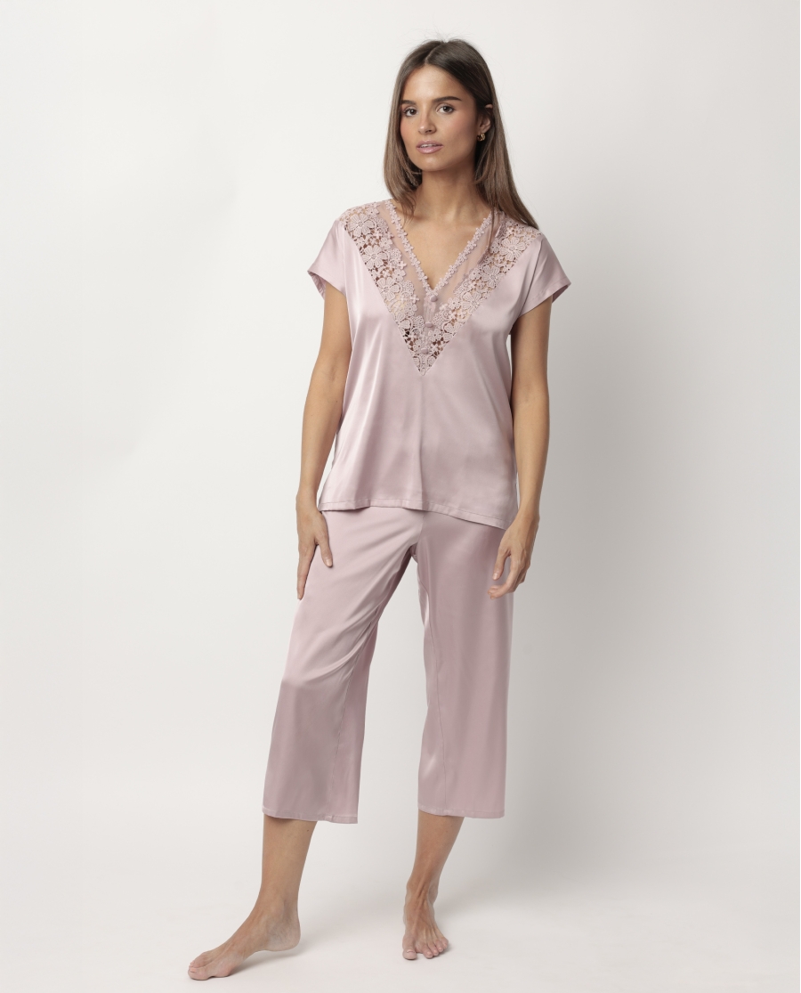 ADMAS CLASSIC Pijama Manga Caída Satin And Guipur para Mujer MALVA