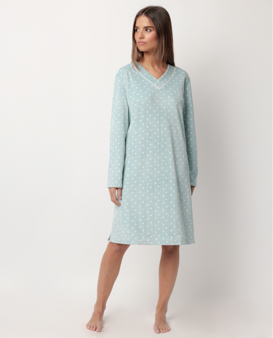 ADMAS CLASSIC Camisola Manga Larga Velvet Pico Dots Lace para Mujer VERDE AGUA