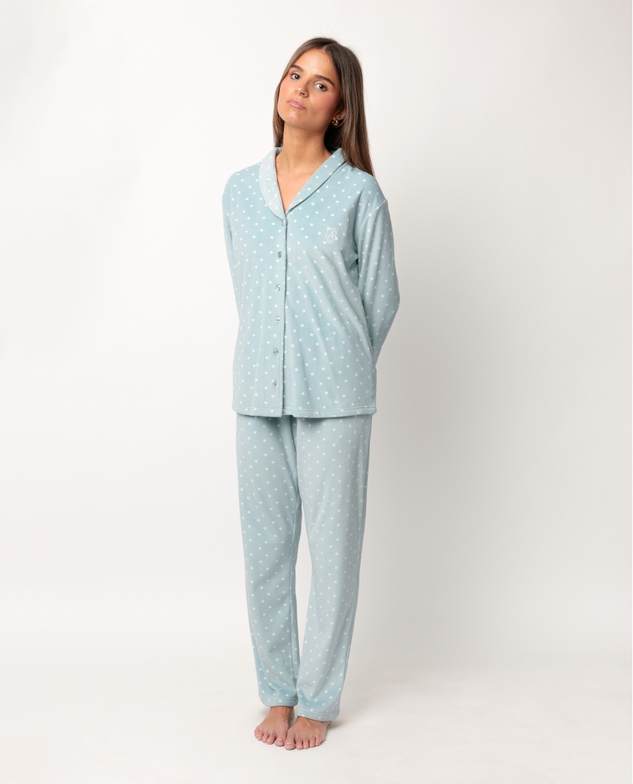 ADMAS CLASSIC Pijama Abierto Manga Larga Velvet Pico Dots Lace para Mujer VERDE AGUA