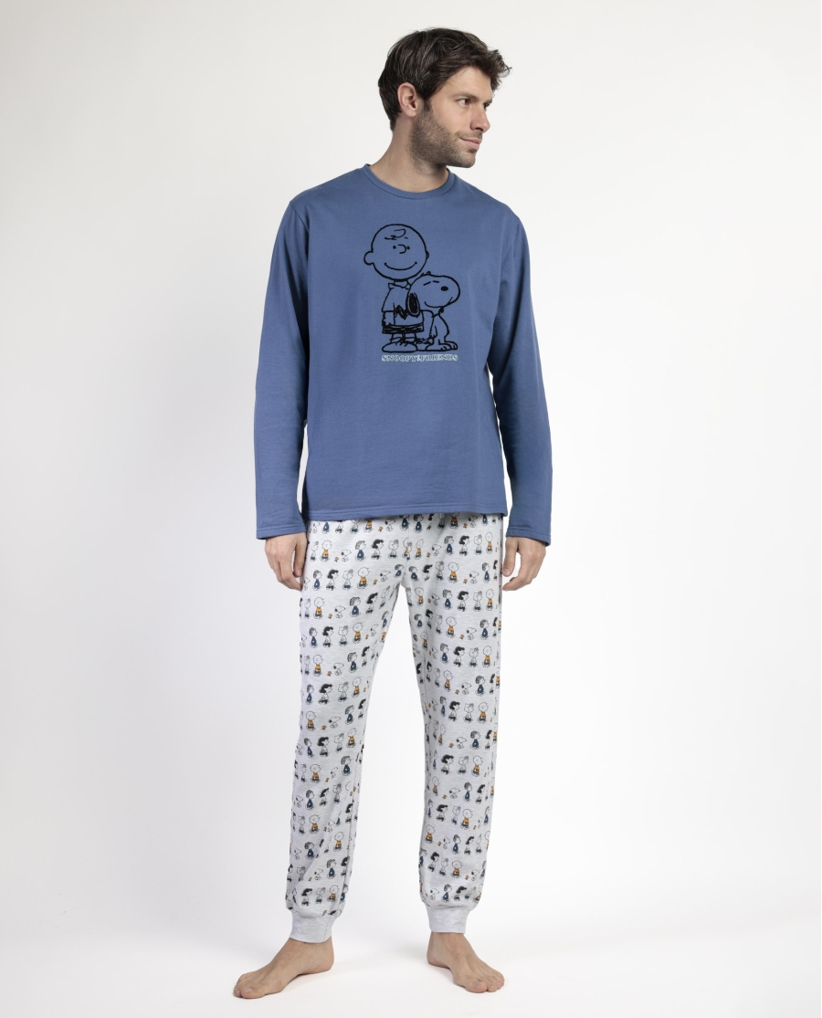 PEANUTS Pijama Manga Larga Felpa Snoopy&Friends para Hombre AZUL