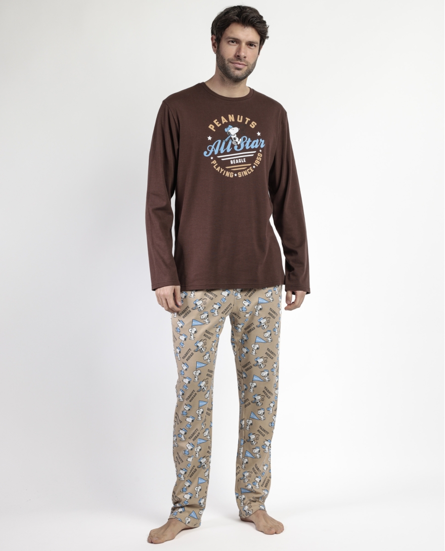 PEANUTS Pijama Manga Larga Varsity Squad para Hombre CHOCOLATE