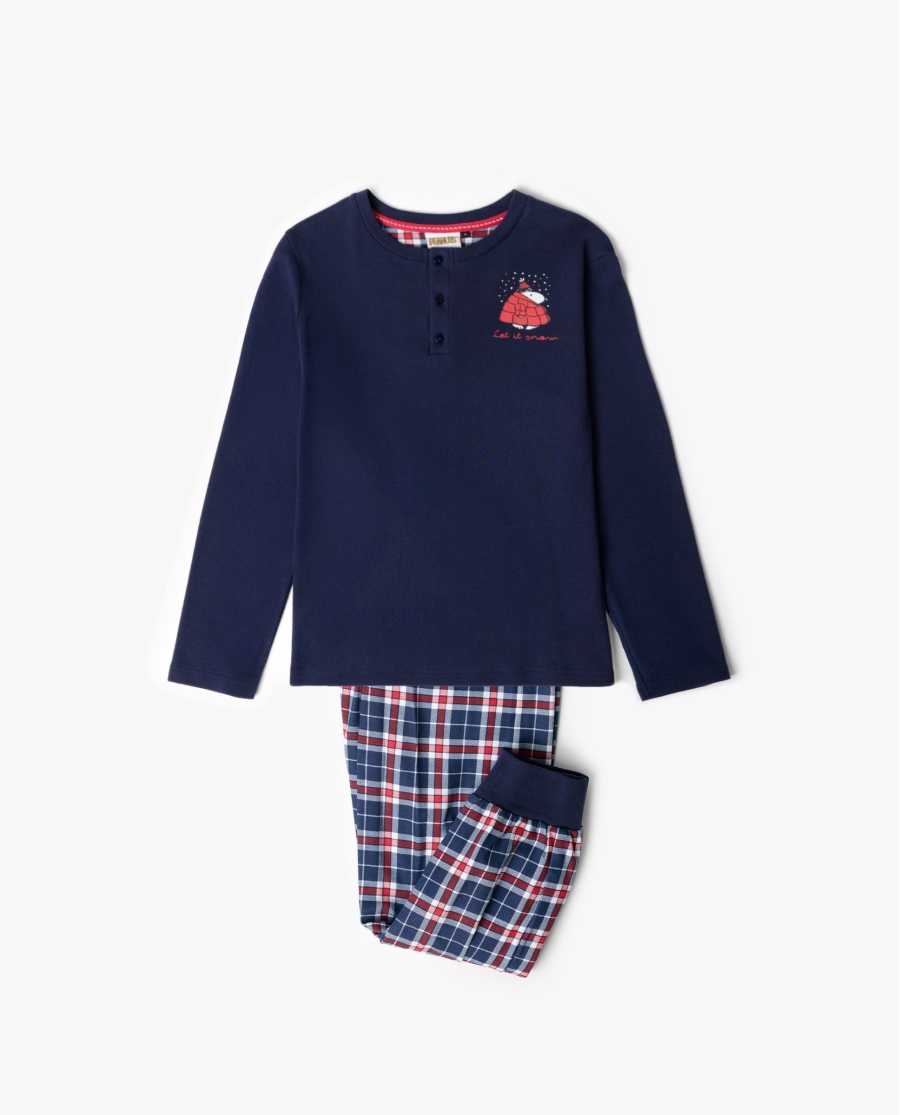 PEANUTS Pijama Manga Larga Tapeta Let It Snow para Niño MARINO