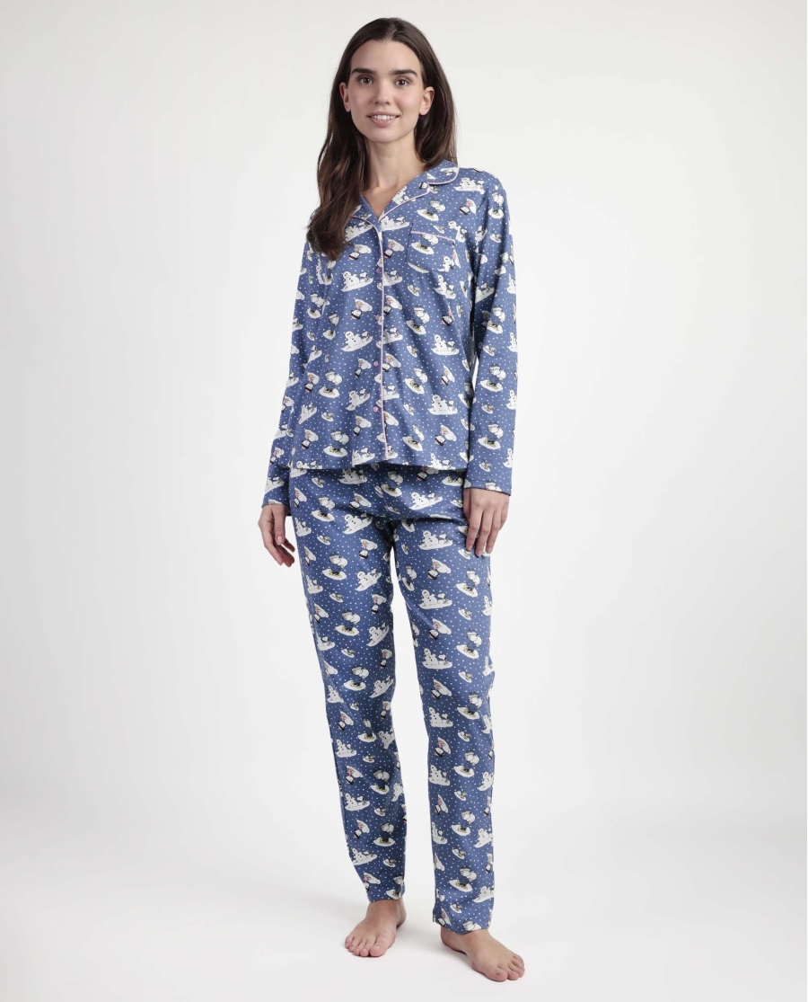 PEANUTS Pijama Manga Larga Abierto Snow Drift para Mujer AZUL