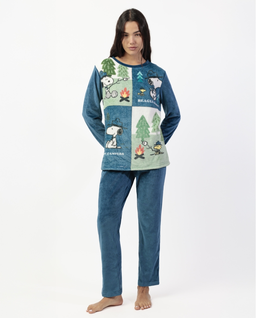 PEANUTS Pijama Manga Larga Terciopelo Beagle Scout para Mujer AZUL