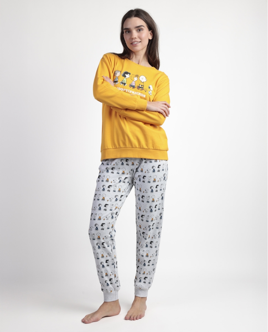 PEANUTS Pijama Manga Larga Felpa Snoopy&Friends para Mujer MOSTAZA