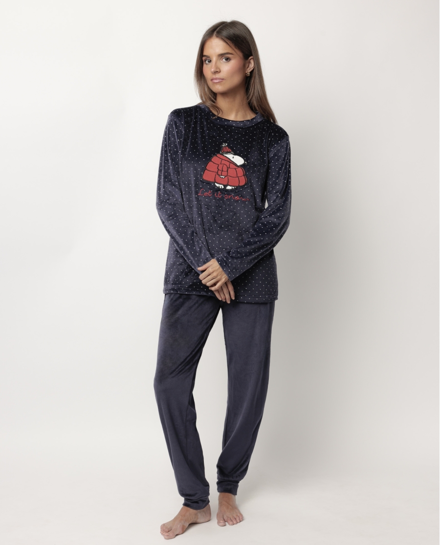 PEANUTS Pijama Manga Larga Terciopelo Let It Snow para Mujer MARINO