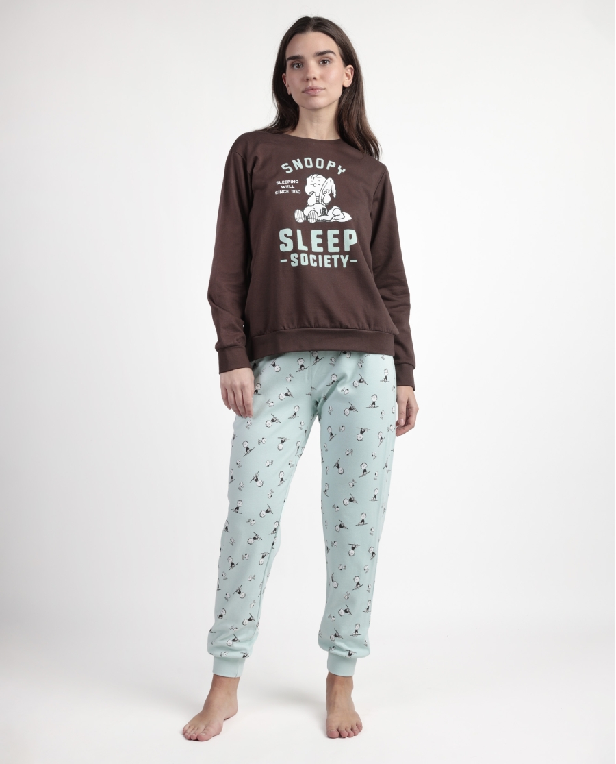 PEANUTS Pijama Manga Larga Felpa Sleep Society para Mujer CHOCOLATE