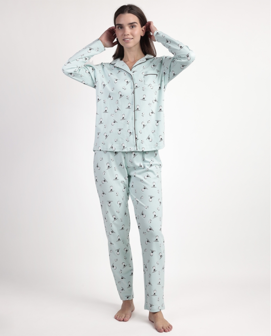 PEANUTS Pijama Manga Larga Abierto Sleep Society para Mujer AZUL