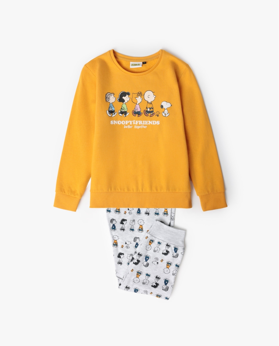 PEANUTS Pijama Manga Larga Felpa Snoopy&Friends para Niña MOSTAZA