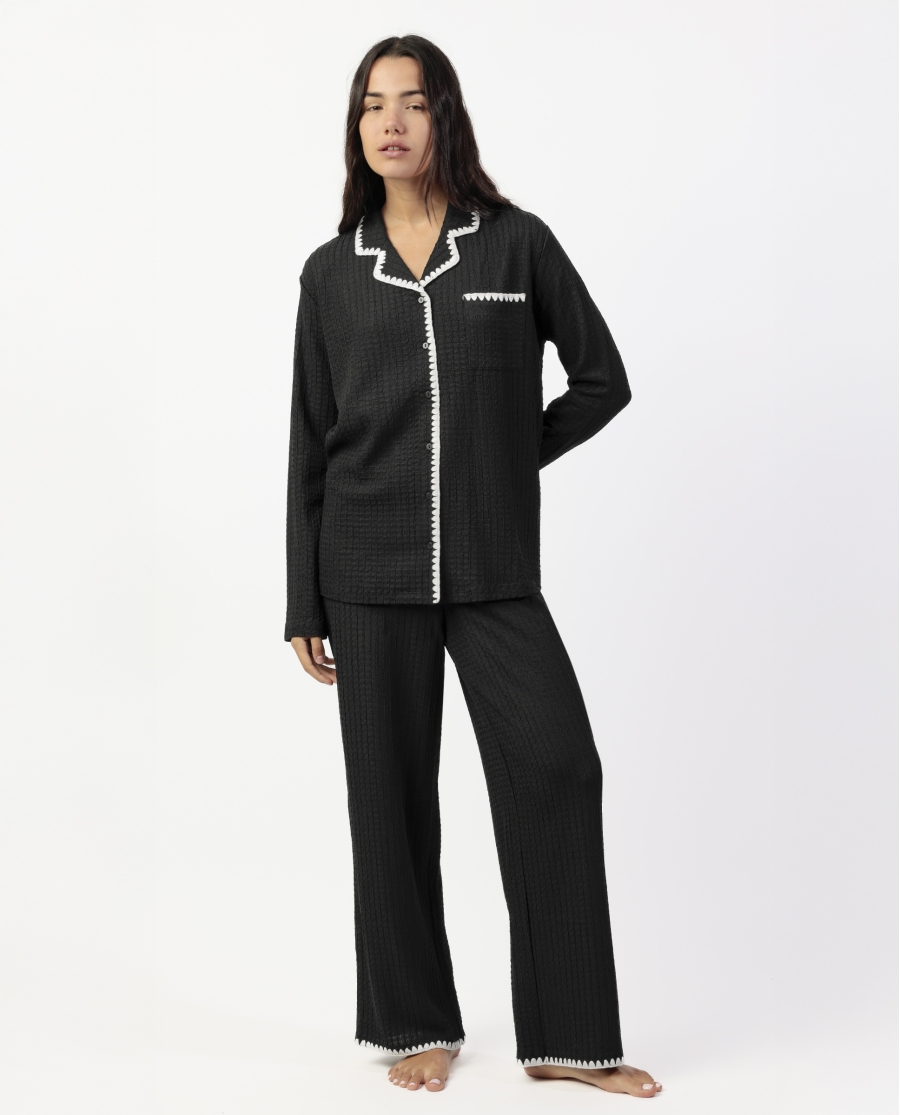 ADMAS LUXURY Pijama Manga Larga Abierto Stitching para Mujer NEGRO
