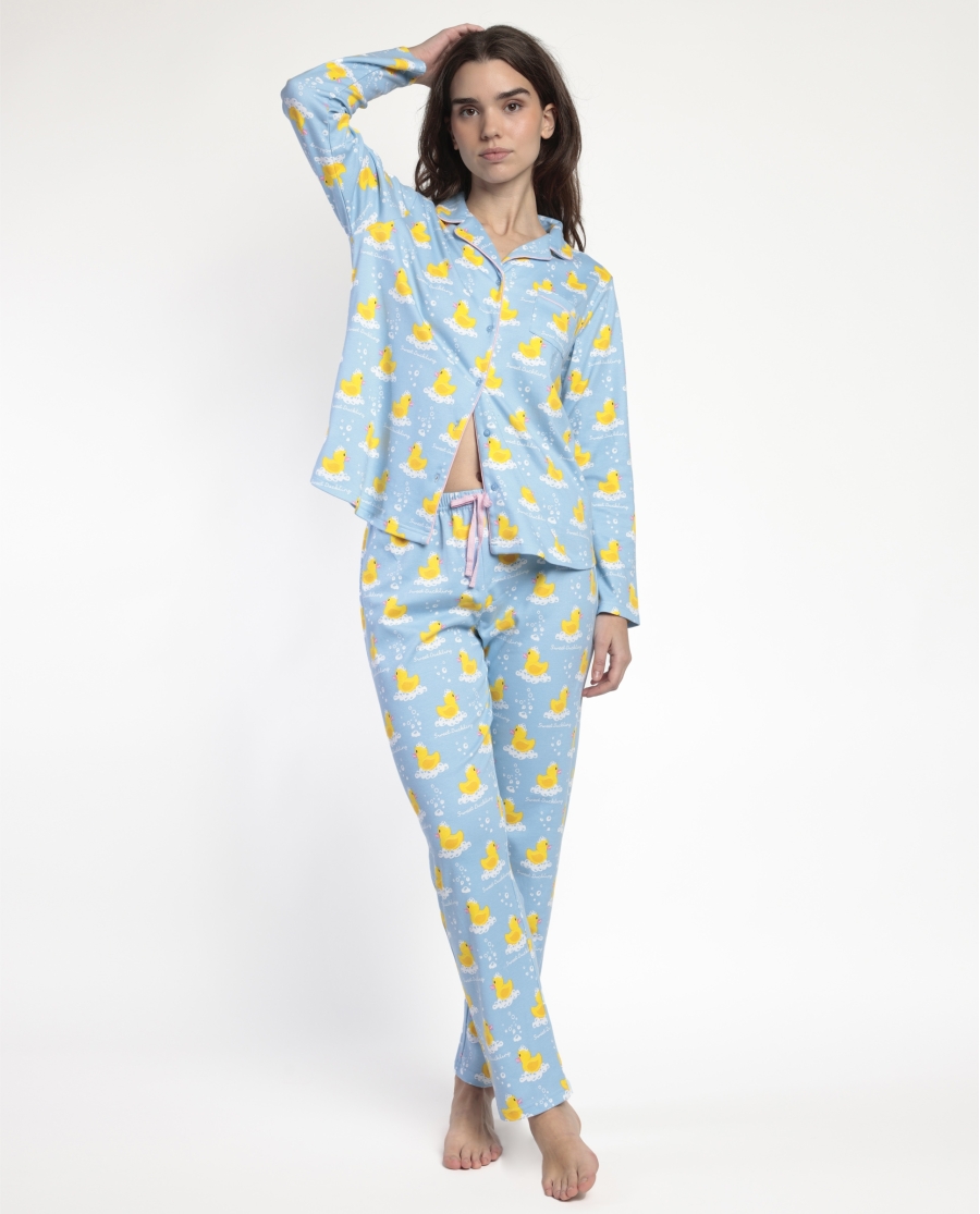 ADMAS Pijama Manga Larga Abierto Sweet Duckling para Mujer AZUL