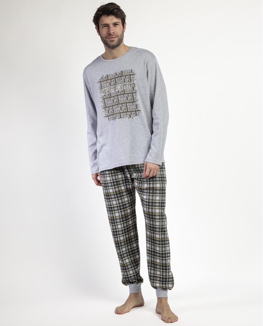 ADMAS Pijama Manga Larga Never Give Up para Hombre GRIS JASPE