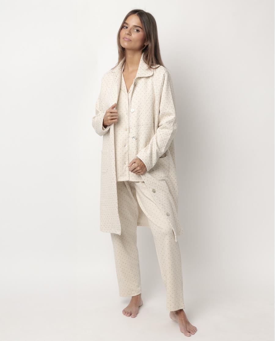 ADMAS CLASSIC Bata Manga Larga Botones Organic Dots para Mujer BEIGE