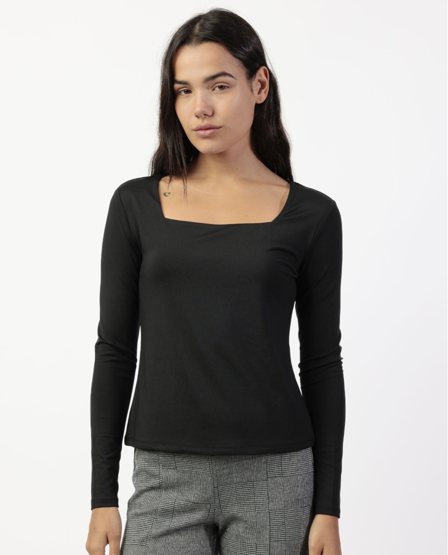 ADMAS Camiseta Manga Larga Escote Cuadrado para Mujer NEGRO